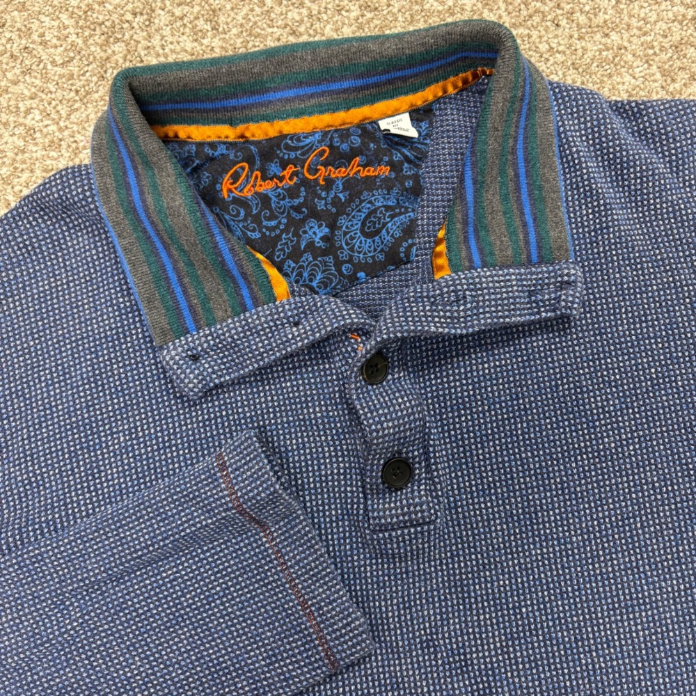 Robert Graham Gatewood Knit Henley Pullover Sweater Mens Large Rugby Shirt Blue